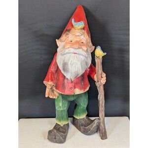 Vintage Hillbilly Hand Carved Wooden Troll Hiking Figurine W/Bluebirds Van Kelly